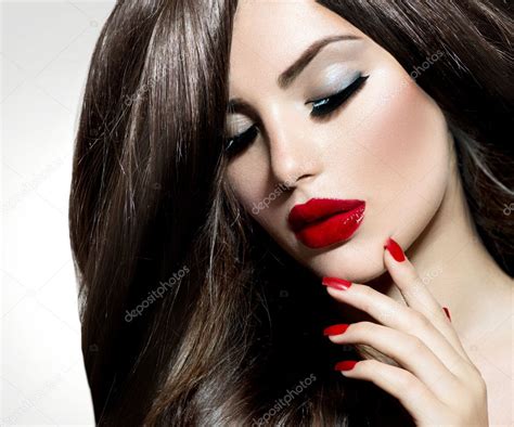 Sexy Beauty Girl With Red Lips And Nails Provocative Make Up Stock Photo Subbotina