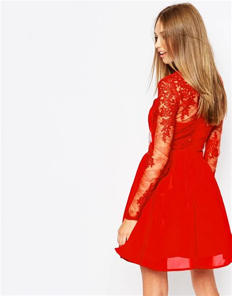 Homeware items must be returned in their original packaging. Missguided Premium Lace Long Sleeve Skater Dress in Red | Lyst