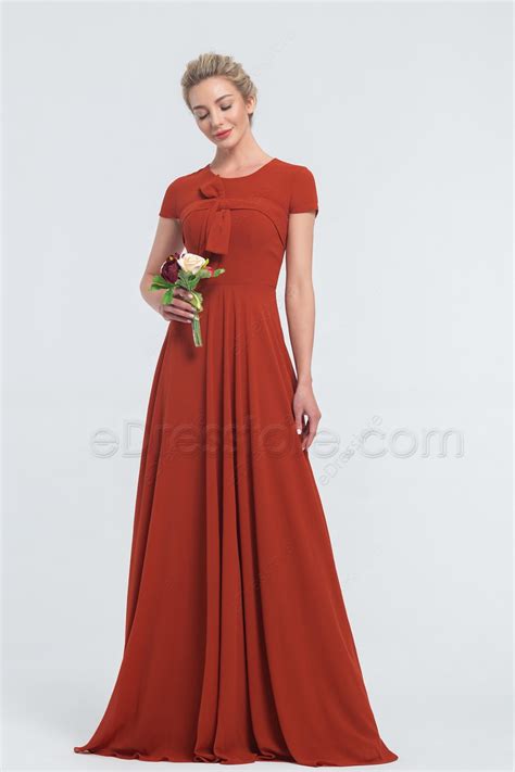 Modest Terracotta Bridesmaid Dresses Short Sleeves With Bow And Ribbon