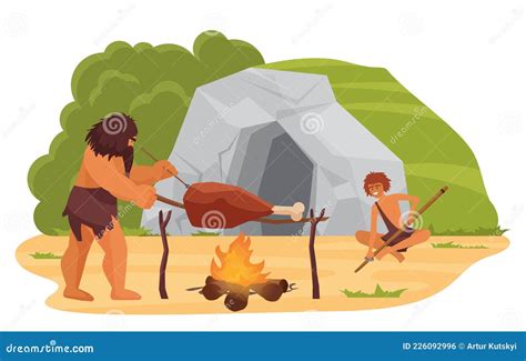 Primitive Neanderthal People Cooking Food Near Cave Prehistoric Stone