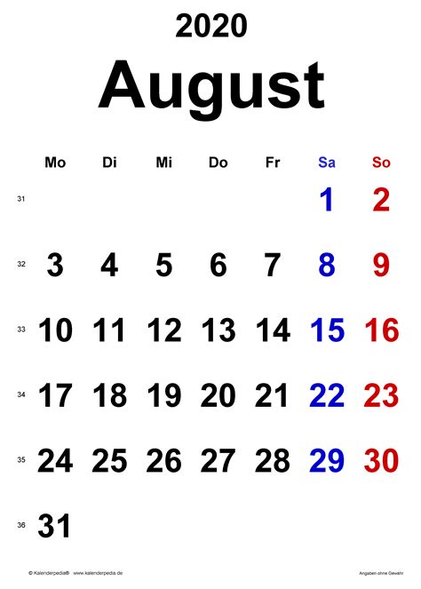 Kalender August 2020 Als Pdf Vorlagen
