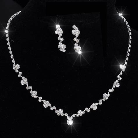 Silver Tone Crystal Tennis Choker Necklace Set Earrings Bridesmaid