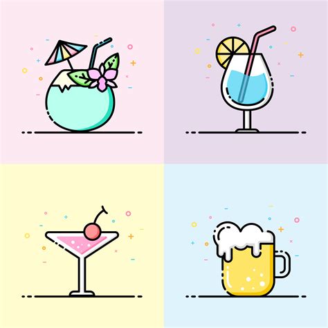 Drink Icon Collection Pastel Color In Flat Line Style The Set Contain