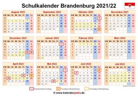 Schulkalender 2021/2022 Brandenburg für PDF