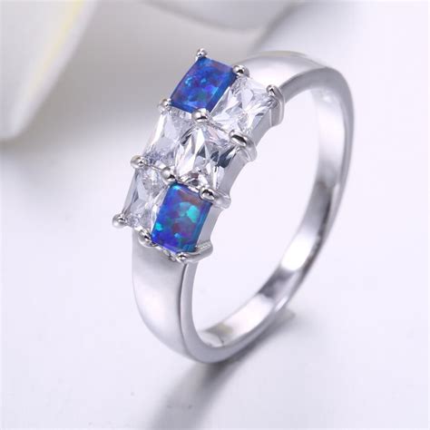 Zhe Fan Blue Fire Opal Engagement Rings Classic Aaa Cz Zircon Rectangle
