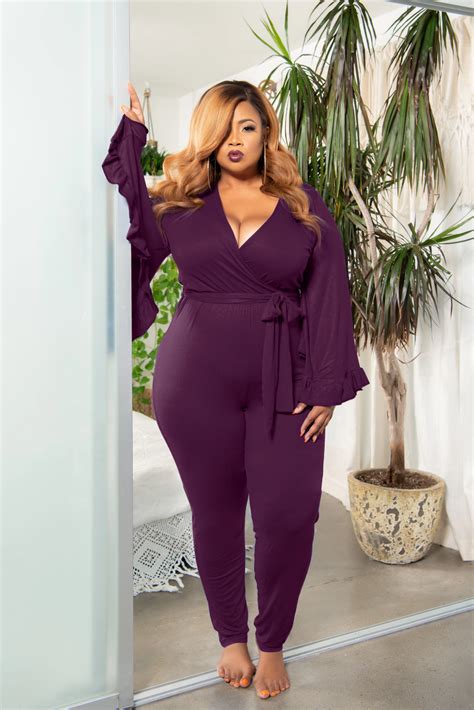 New Plus Size Exclusive Faux Wrap Jumpsuit With Bell Sleeves In Plum