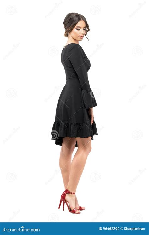 Sophisticated Glamorous Woman In Black Dress Looking Down Side View