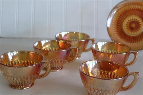 Anniversary Pattern Iridescent Carnival Glass Cups And Saucers Marigold Orange Luster