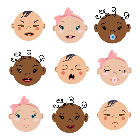 Set Of Cartoon Baby Faces With Different Emotions Vector Illustrations
