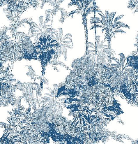 Blue Vintage Tropical Wallpaper In Peel And Stick Blue Palms Etsy