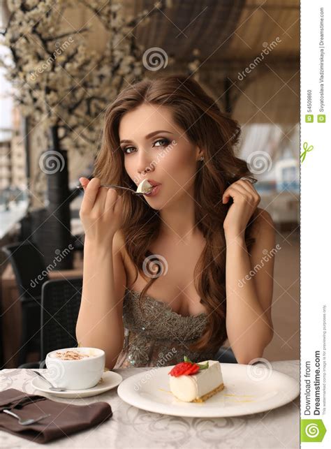 Sensual Woman Eating Dessert In Outdoor Summer Cafe Stock Photo Image