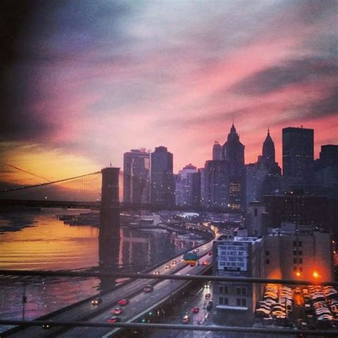 Pink Skies Manhattan New York Skyline Skyline Brooklyn Bridge