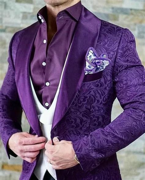 Item5005 Mens Three Piece Purple Jacquard With White Vest Tuxedo In