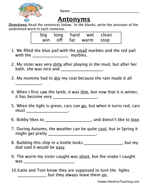 Free 6th Grade Antonym Printable Worksheet

