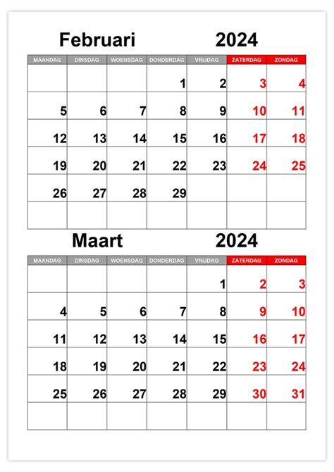 Kalender Februari Maart 2024