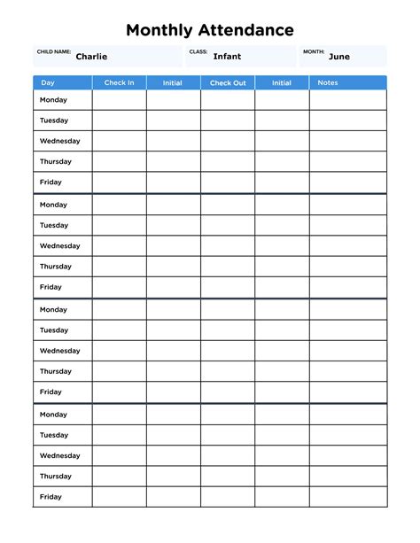 Daycare Monthly Attendance Sheet For Single Child With Etsy Nederland