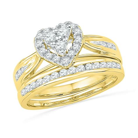 Aa Jewels Size 7 10k Yellow Gold Round Diamond Heart Bridal Wedding Engagement Ring Band Set
