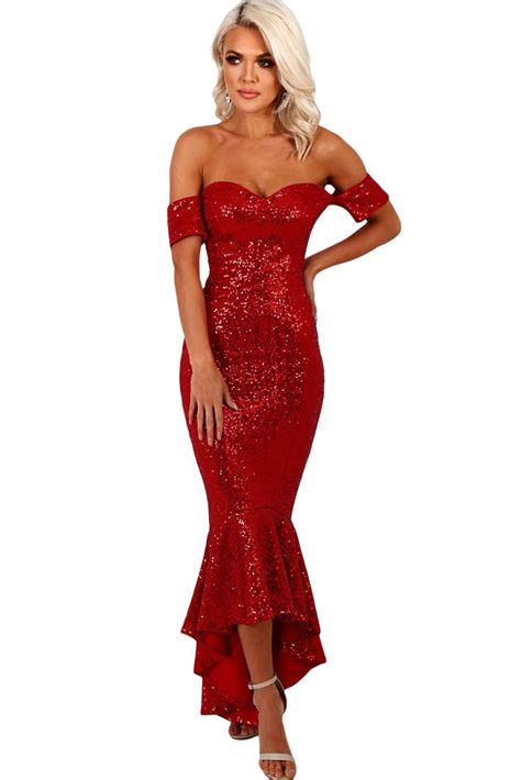 Her Elegant Red Off Shoulder Sequins Mermaid Women Party Dress Sequin