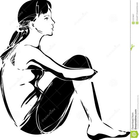 Sketch Of A Girl Sitting Hugging Her Knees Royalty Free