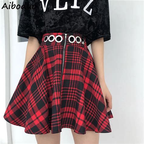 summer vintage red and black plaid skirt mini short a line pleated female women s high waist