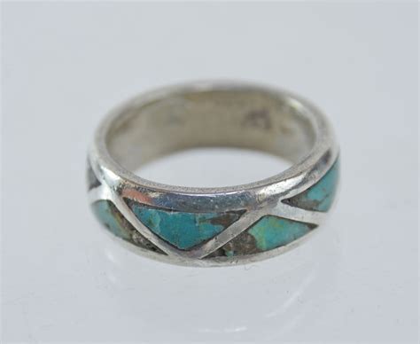 Navajo Ring Sterling Silver Band With Turquoise Size