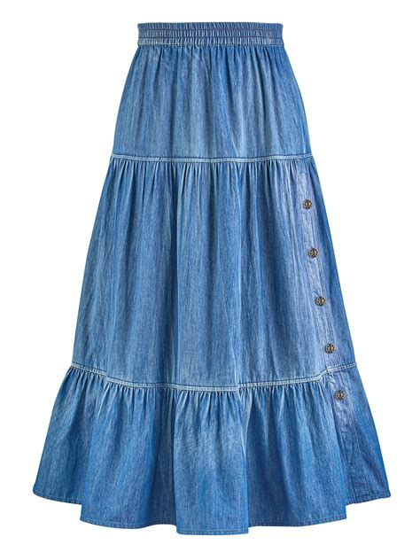 Elastic Waist Easy On Tiered Long Denim Prairie Skirt With Button Trim Accent Detail