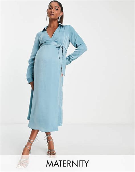 Missguided Maternity Wrap Shirt Dress In Blue Satin Asos
