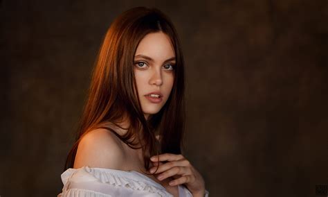 Women Brunette Long Hair White Shirt Bare Shoulders Tanned Face Portrait Bokeh Sergei Tomashev