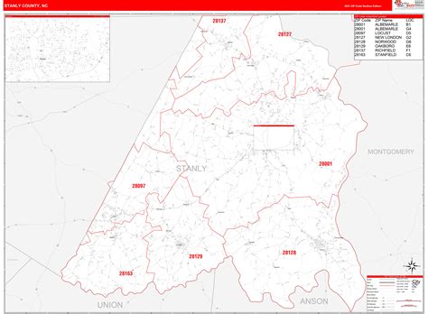 Stanly County, NC Zip Code Wall Map Red Line Style by MarketMAPS - MapSales