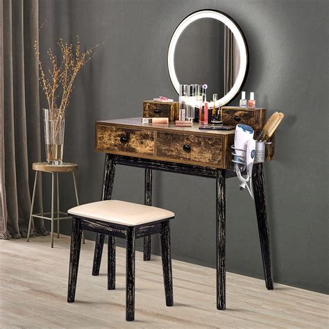 Vanity Table Set With Lighted Mirror And Benchrustic Makeup Vanity