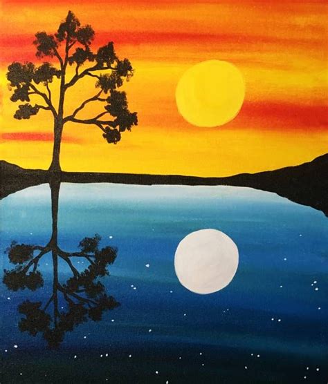 A Day Into Night Reflection Paint Nite Project By Yaymaker Easy Canvas Painting Canvas Art