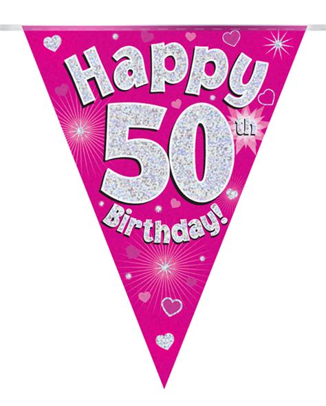 Party Bunting Happy 50th Birthday Pink Holographic 11 Flags 39m