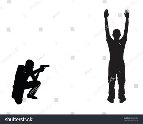 Silhouette Of Shooting Man Isolated On White The Arrest Of A Thief