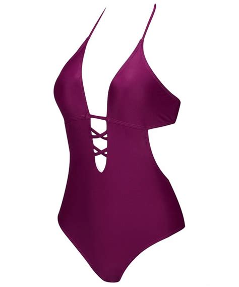 Sexy Plunge One Piece Swimsuit Plum Halter Swimsuit For Women Purple
