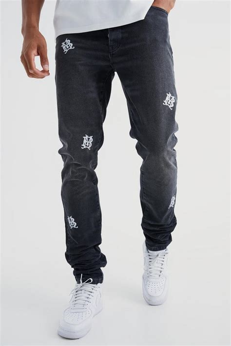 men s tall slim rigid stacked embroidered gusset jeans boohoo uk
