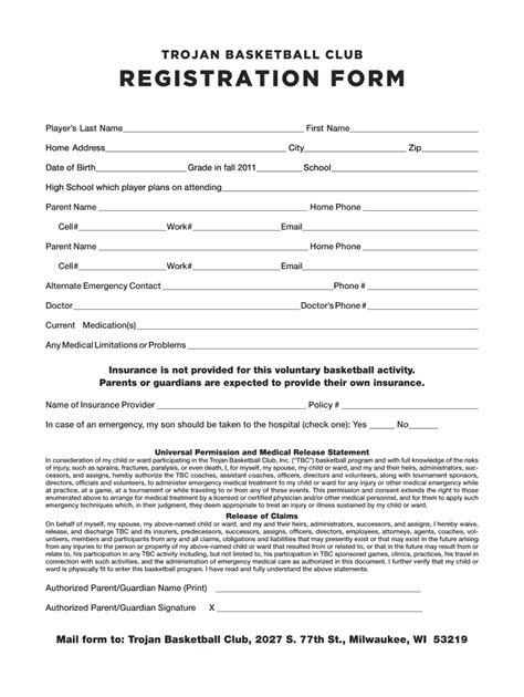 Printable Basketball Registration Form Printable Forms Free Online