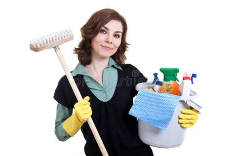 Woman With Bucket Full Of Cleaning Powder And Mop Stock Image Image