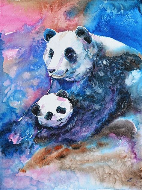 Panda Bear Art Original Panda Watercolor Mother And Baby Panda Etsy