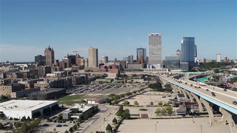 5 7k stock footage aerial video of approaching the city s skyline in downtown milwaukee