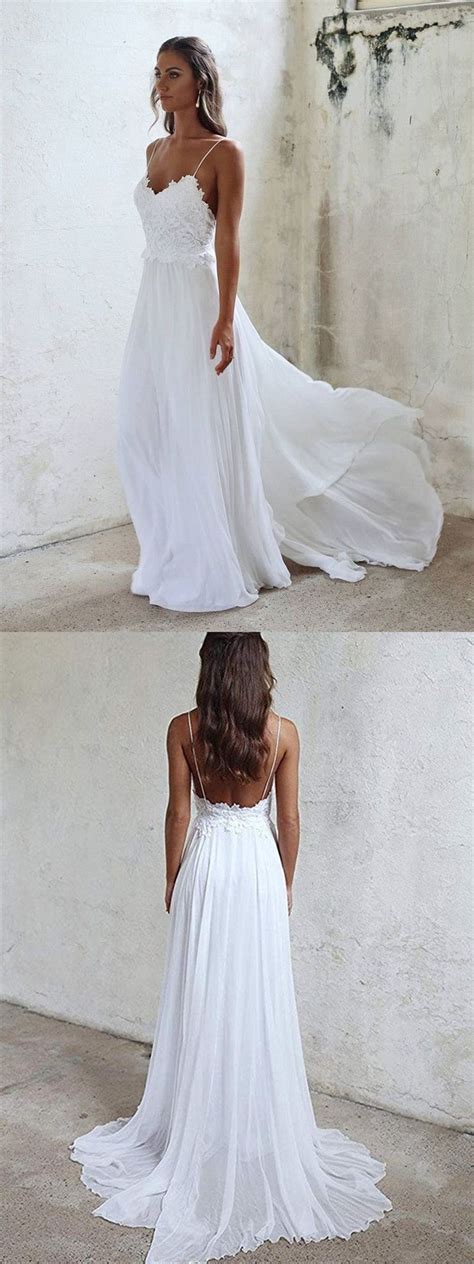 A Line Spaghetti Straps Backless Lace White Beach Wedding Dresses