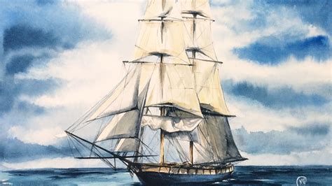 Watercolor Tall Ship In The Ocean Painting Demonstration Youtube
