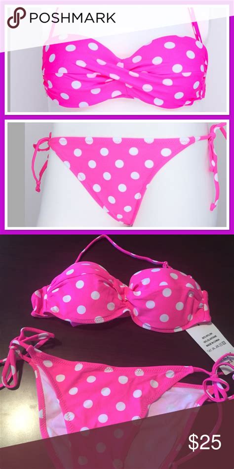 Nwt Pink Polka Dot Bandeau Bikini Clothes Design Pink Polka Dots