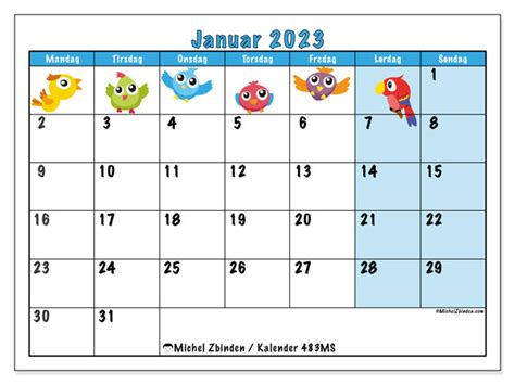 Kalender Januar 2023 Fugle Ms Michel Zbinden Da