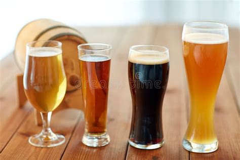 Close Up Of Different Beers In Glasses On Table Stock Photo Image Of