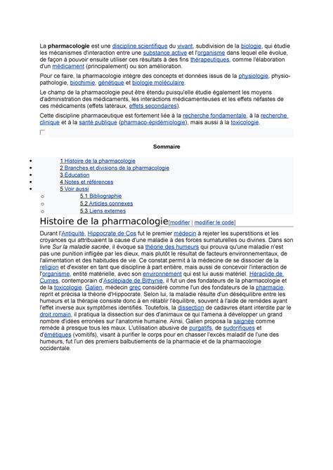 Pharmacologie Text La Pharmacologie Est Une Discipline Scientifique