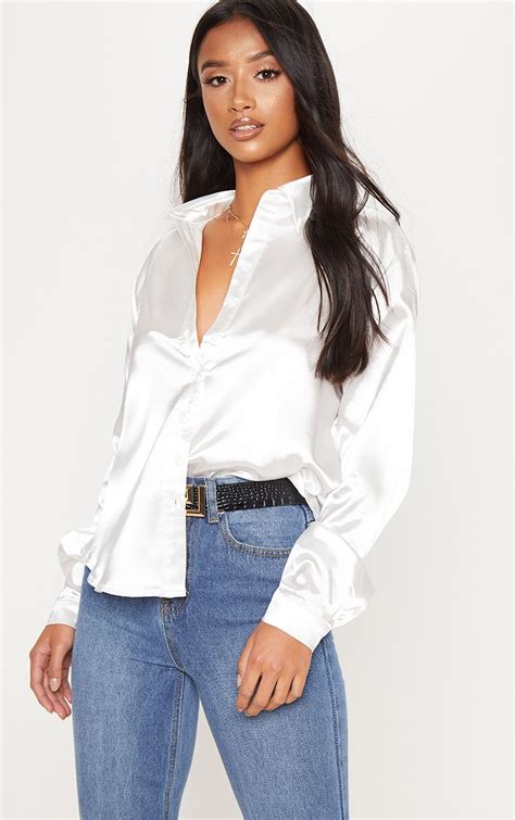 Petite White Satin Shirt Petite Prettylittlething Ca