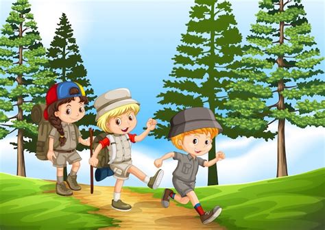 Group Of Children Hiking In The Park Free Vector