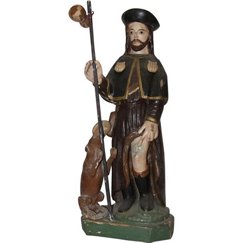 19th Century Sculpture Of Saint Roch Rock Wood Carved Polychrome