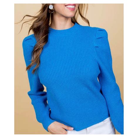 Cobalt Blue Ribbed Knit Puff Sleeve Sweater James Ascher