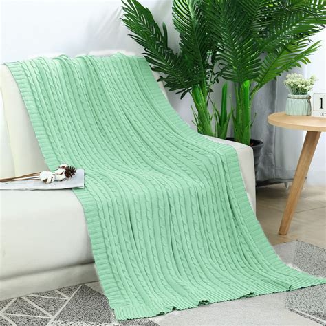Piccocasa 100 Natural Cotton Cable Knit Throw Blanket Pale Green 50